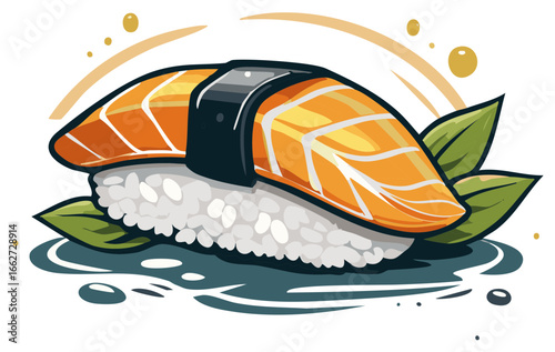 Stylized salmon sushi nigiri with rice and leaves, digital food art.