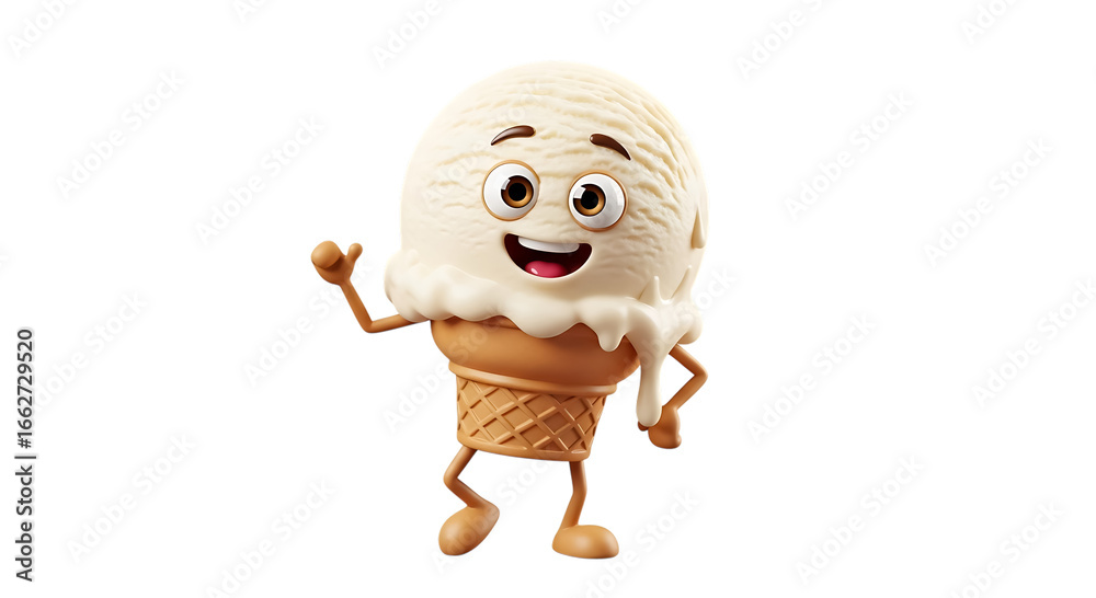 Fototapeta premium Happy cartoon ice cream cone character waving isolated on transparent background