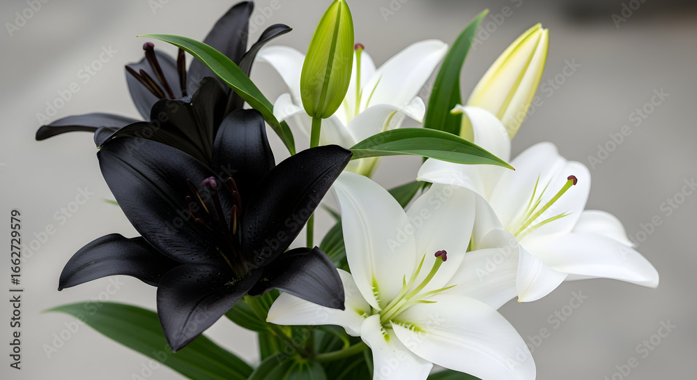 Obraz premium Elegant arrangement of white lilies with green stems placed in a stylish vase for a floral decor centerpiece, ideal for any elegant event or home decoration.