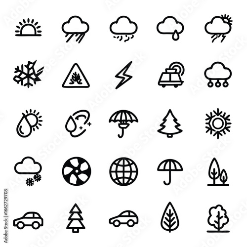 Collection of modern weather icons representing diverse atmospheric conditions and elements