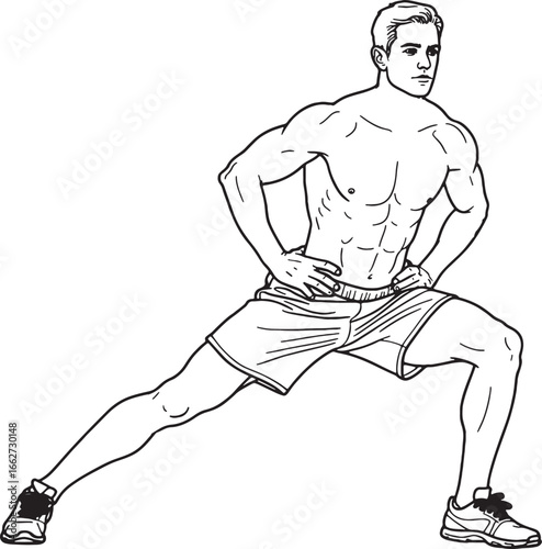 Fit Man Stretching Legs In Athletic Shorts And Sneakers Line Art vector illustration