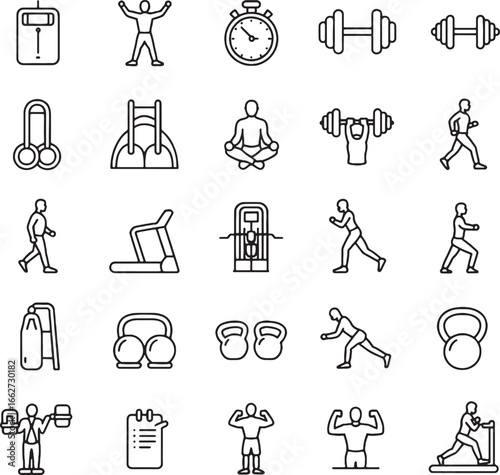 Fitness And Exercise Icons Featuring People Equipment And Stopwatch workout sport