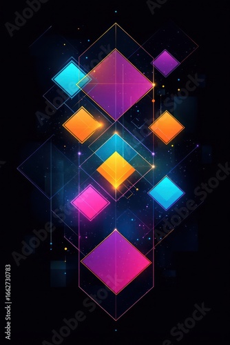 Abstract glowing geometric shapes in diamond forms with vibrant colors of pink, blue, and orange connected by delicate lines on a dark cosmic background, evoking a futuristic and mysterious atmosphere
