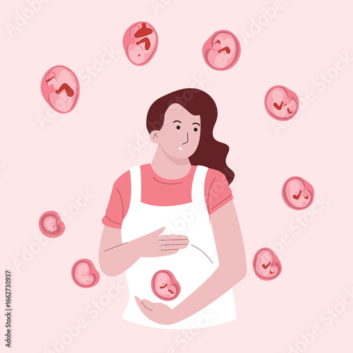 An illustration of a pregnant woman surrounded by floating fetuses representing the various stages of fetal development