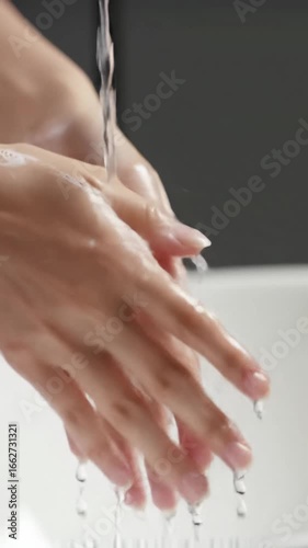 Extreme close-up slow-motion video of healthy hands under pristine water, dispensing white luxurious soap and creating creamy lather, then rinsing clean and glowing in soft diffused light with