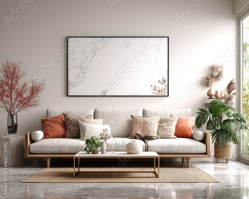 Modern, cozy living room with neutral tones and accents