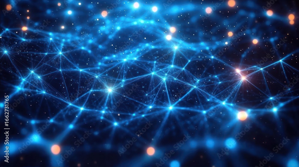 Fototapeta premium Abstract visualization of interconnected glowing blue nodes and network lines floating in dark space with light particles and depth effect