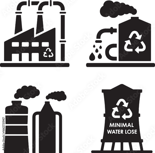 Industrial Factory Icons With Recycling And Water Conservation Symbols industry building