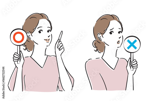 正解か不正解か札でジャッジする綺麗な女性