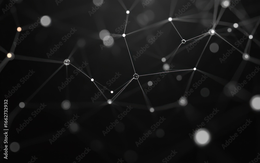 Obraz premium Abstract network of interconnected white dots and lines forming a complex web pattern on a dark blurred background evoking connection and technology