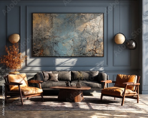 Dark moody living room with art