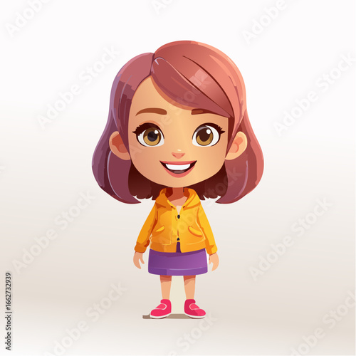 Smiling Cartoon Girl in a Yellow Jacket and Pink Shoes Posing Against a White Background