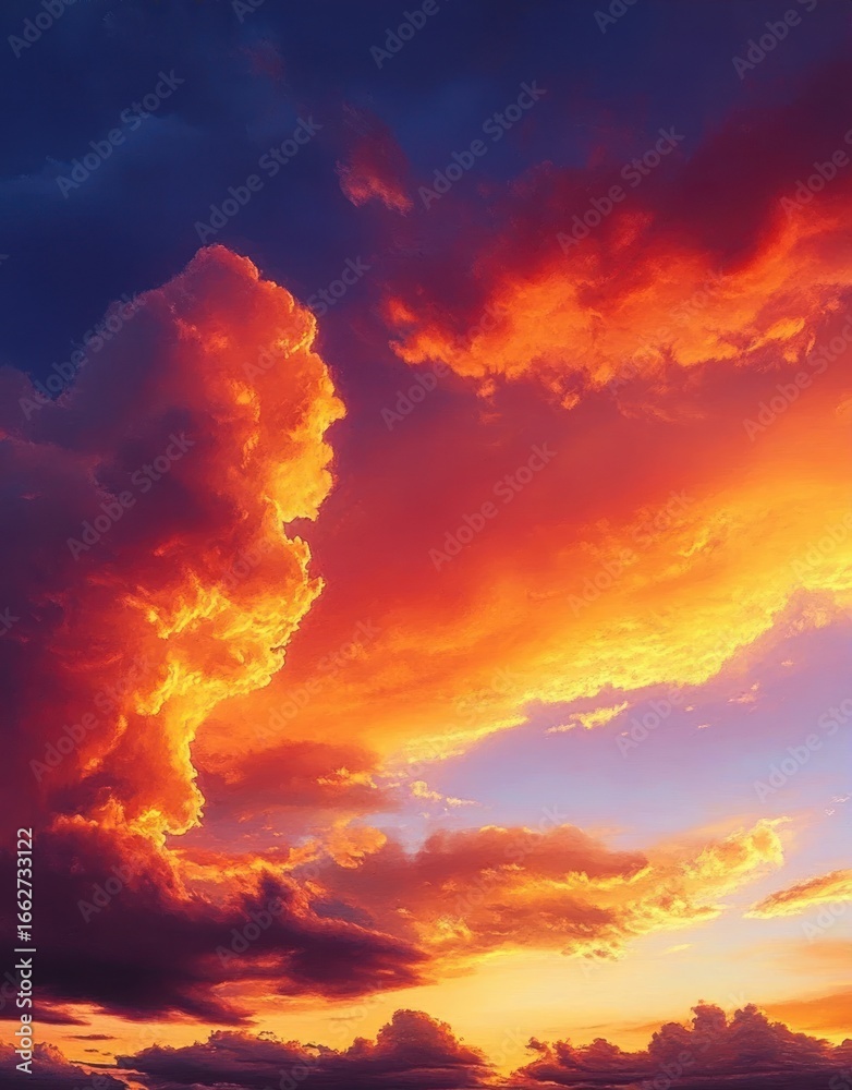 Obraz premium Dramatic sunset sky with vibrant orange, yellow, and purple clouds glowing against a deepening blue evening backdrop