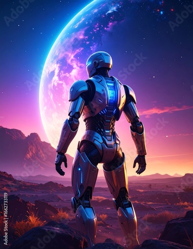 Futuristic robot gazing at a vibrant alien moon