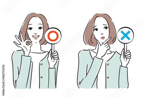 正解か不正解か札でジャッジする綺麗な女性