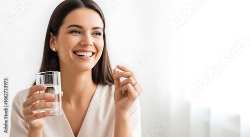 Smiling woman taking medicine with a glass of water, healthy lifestyle