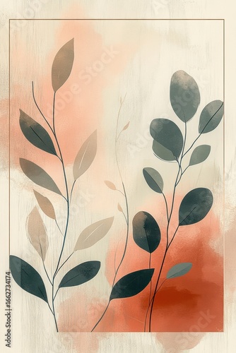Abstract botanical illustration featuring delicate branches with elongated leaves in muted green and beige tones against a soft peach and cream textured background with light brushstroke effects