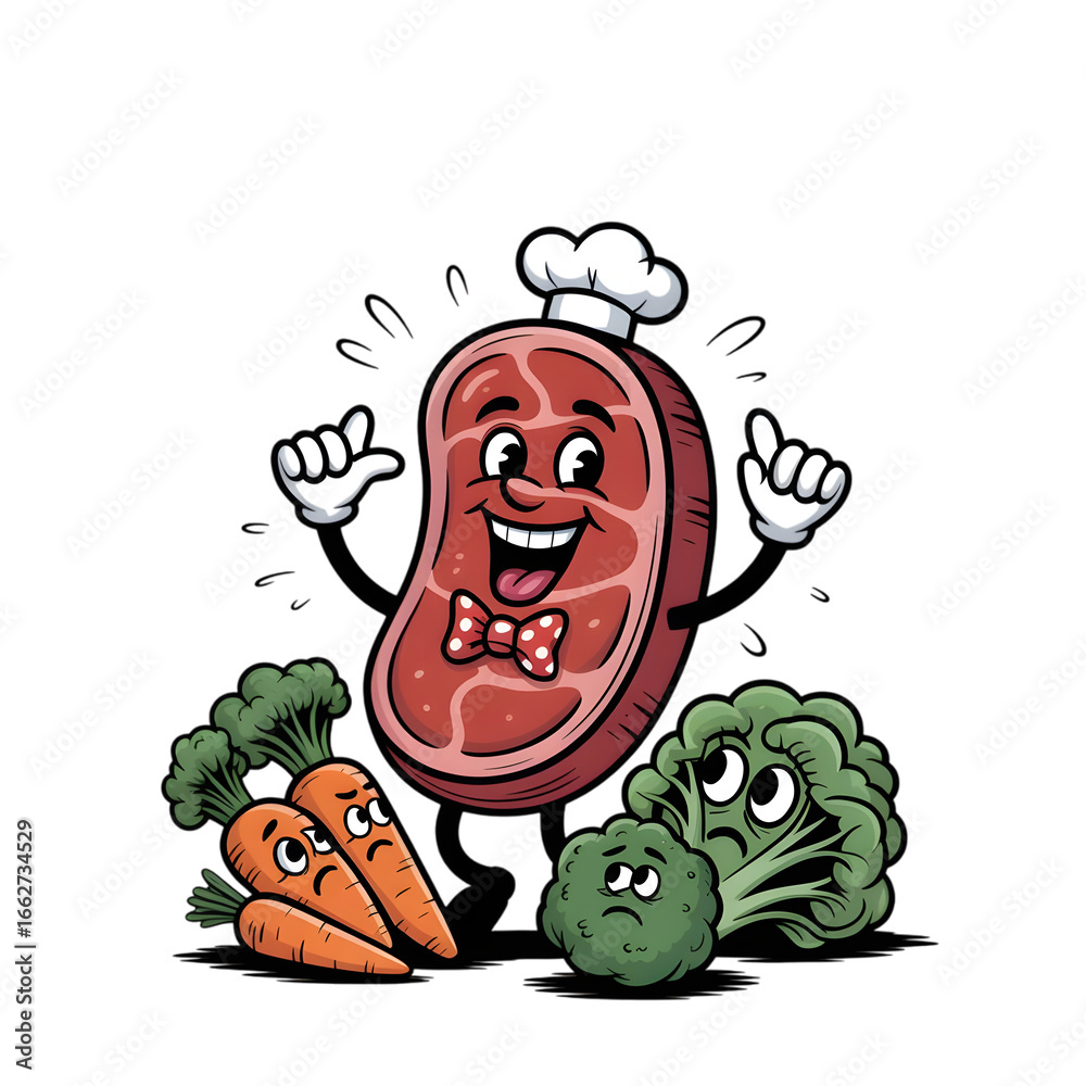 Obraz premium A cheerful steak character, dressed as a chef, stands triumphantly over sad vegetables in a bold, comic-style illustration T-Shirt Design