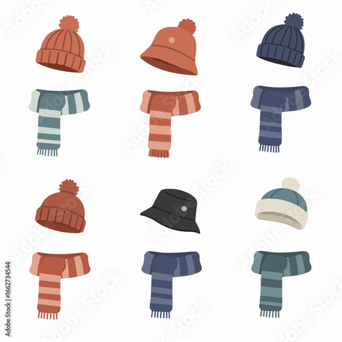 Colorful assortment of cold weather accessories: knit hats, beanies, and striped scarves in a clean flat illustration style