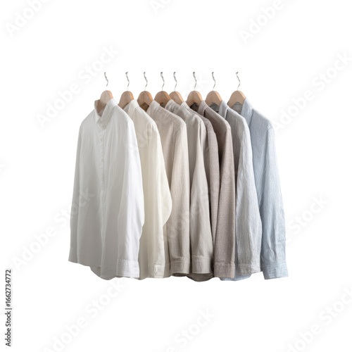 Neutral-toned Linen Shirts Hanging on Wooden Hangers