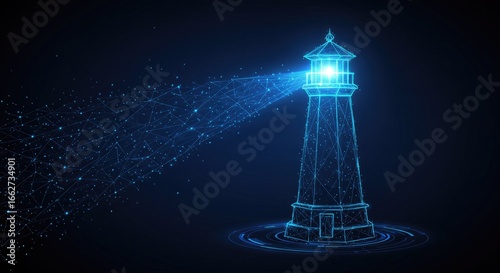 Abstract digital lighthouse with glowing beam on dark blue tech background, symbolizing guidance and business vision in futuristic low-poly wireframe style.
