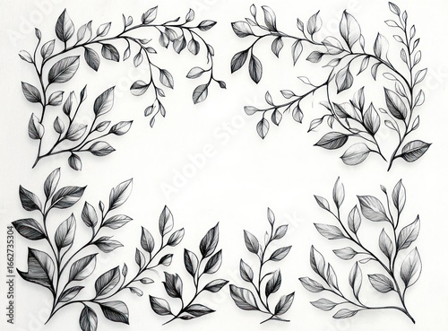 Wallpaper Mural Delicate black and white pencil sketches of various leafy branches arranged around the edges with detailed shading and fine lines on white paper Torontodigital.ca