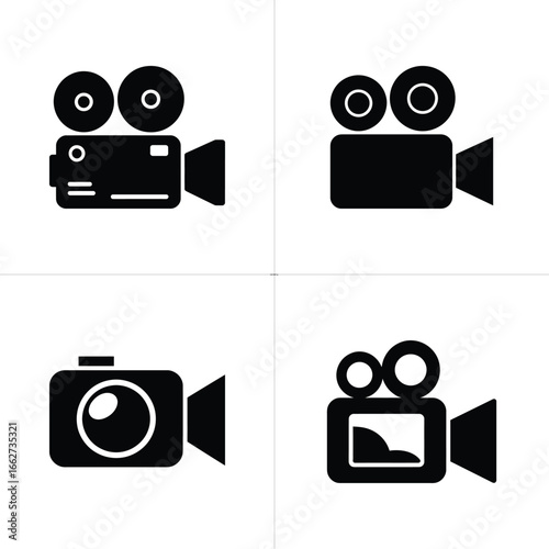 Retro Camera Icon Silhouettes, Film Recorder Symbols, Vintage Video Collection, Transparent
