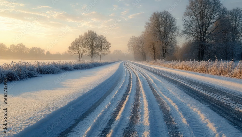 Obraz premium Snow-covered rural road flanked by frost-coated trees and grasses under a soft pastel sunrise sky creating a peaceful and calm winter atmosphere
