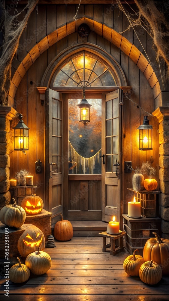 Obraz premium Enchanting halloween night scene with carved pumpkins and glowing lanterns adorning a rustic wooden doorway, creating a spooky and inviting atmosphere for trickortreaters