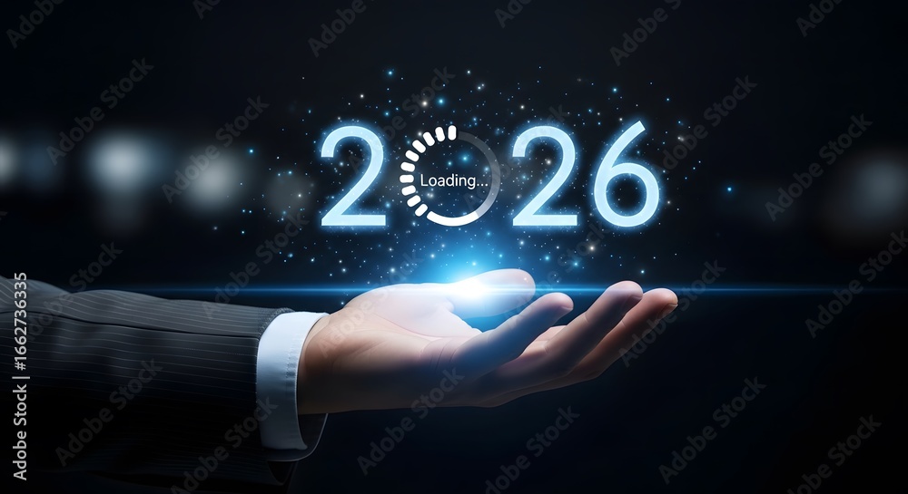 Obraz premium Businessman holding a futuristic 2026 year loading concept on dark background
