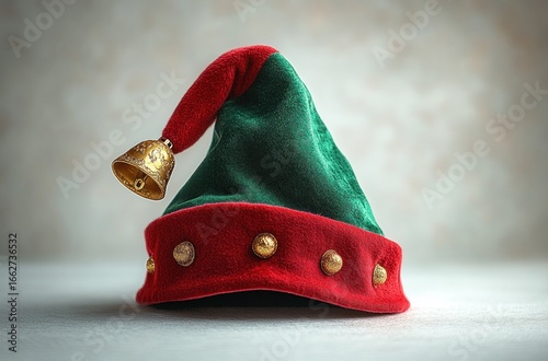 Wallpaper Mural Festive green and red elf hat with a curved tip adorned with a golden jingle bell lying on a smooth surface with soft background lighting Torontodigital.ca