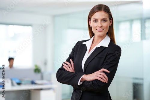 Portrait of a confident businesswoman in a black suit with arms crossed in an office space Free Download Portrait of a confident businesswoman in a black suit with arms crossed in an office space - GFXLoad