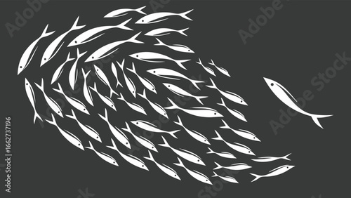 School of fish illustration on black background, depicting a large group swimming together, creating a dynamic and visually captivating marine scene