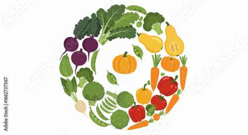 Circular arrangement of vegetables illustration promoting natural wellness lifestyle on world vegetarian day globally