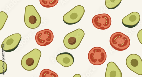 Pattern of avocado and tomato slices illustration celebrating plant based nutrition for world vegetarian day
