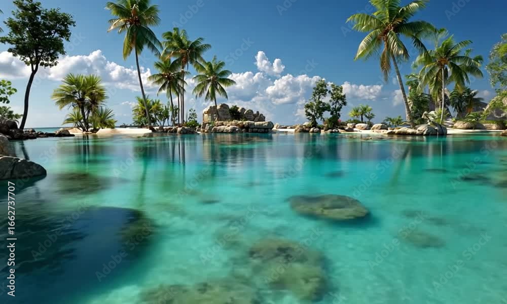 Tranquil tropical lagoon with lush greenery and calm, clear water. Tranquil tropical lagoon with lush greenery and calm, clear water.