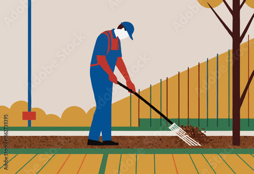 Gardener in blue overalls, focused mood, raking soil in park, minimalist style
