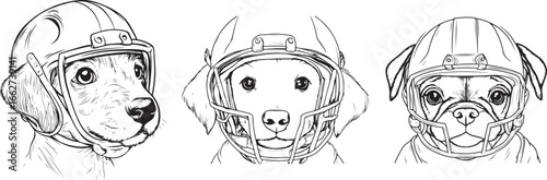 Three dogs wearing American football helmets in a line black and white illustration puppy.