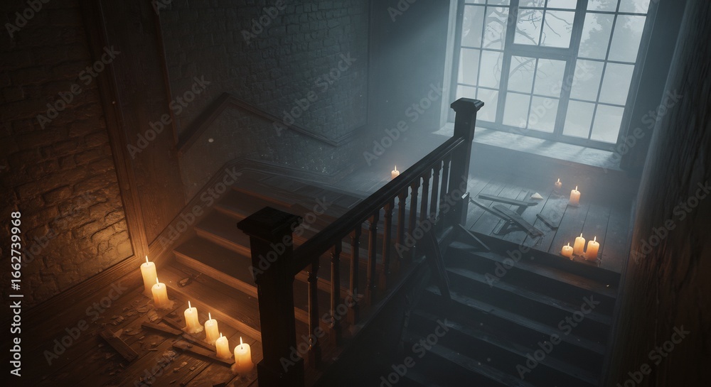 Obraz premium A dark interior stairwell lit by candles The stairs are wooden with broken boards A large window shows a misty exterior