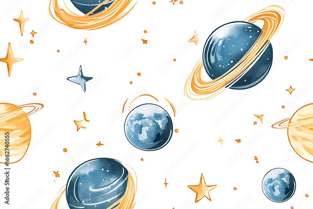 Cartoon planets and stars, a seamless pattern on a white background, in light blue, mustard yellow, and orange colors, in a vintage watercolor style, with simple line doodles Cartoon planets and stars, a seamless pattern on a white background, in light blue, mustard yellow, and orange colors, in a vintage watercolor style, with simple line doodles