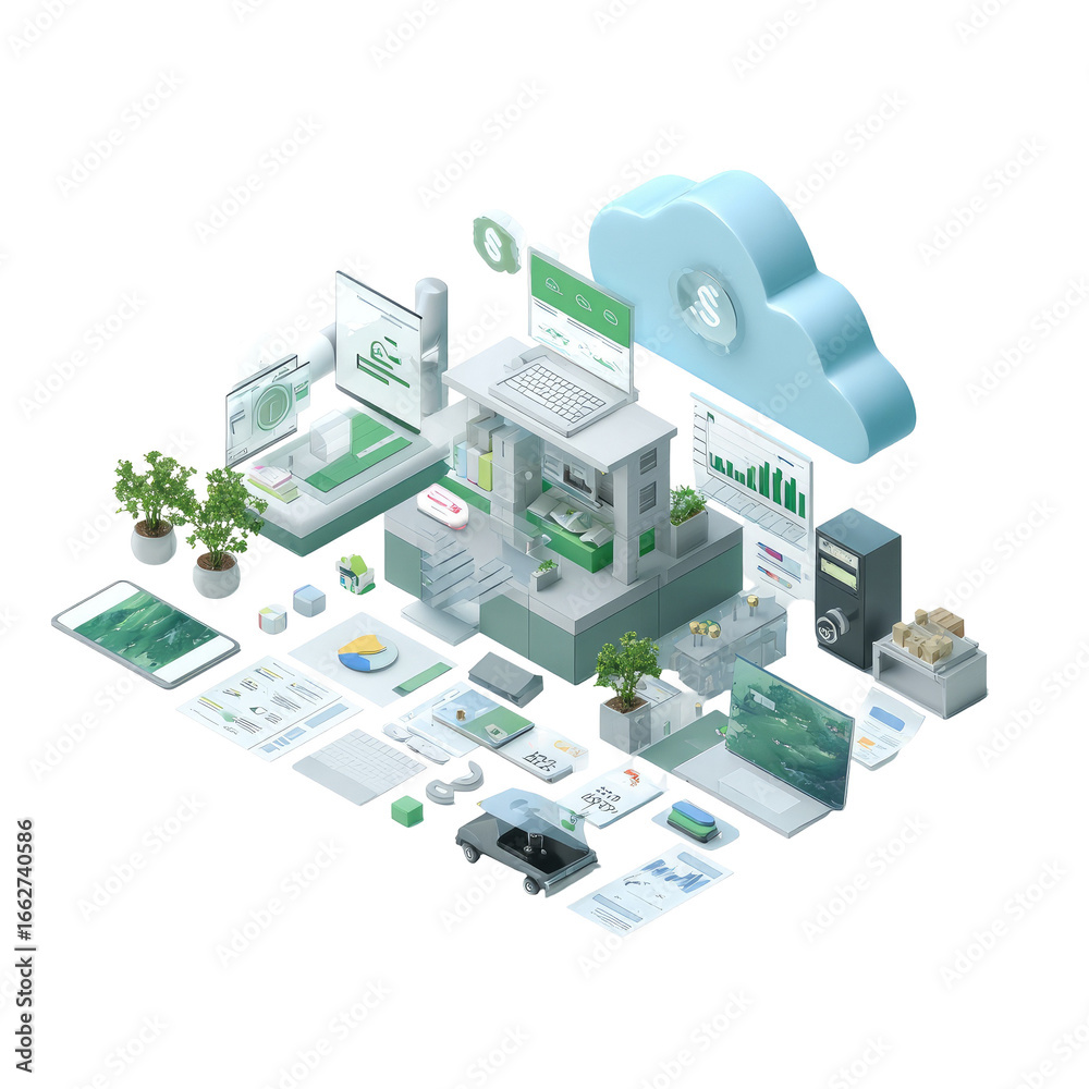 Naklejka premium An isometric view of a modern workspace, filled with digital and physical elements, showcasing a blend of technology and organization