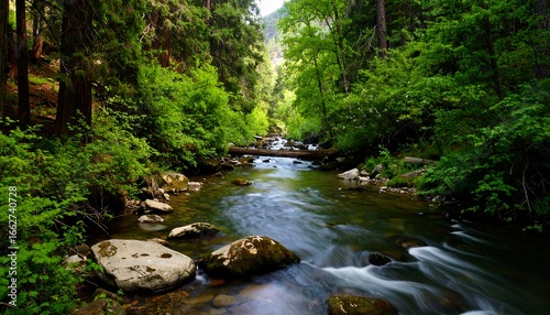Tranquil forest stream. Lush greenery surrounds a flowing river