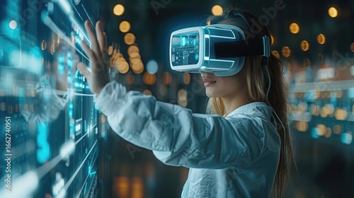 School student with VR headset using AI artificial intelligence technology machine learning. Interactive technology in classroom. smart tech. AI blue hologram in education