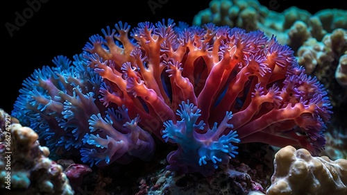 Close up shot of a vibrant coral formation with blue and orange polyps in a dark aquatic setting