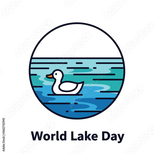 World Lake Day illustration featuring a duck swimming in a calm body of water with blue and green waves.