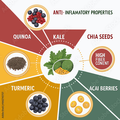 Vibrant superfoods infographic with icons, charts, health notes, and bold colors for engaging wellness content.