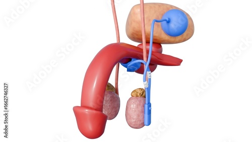 A 3D medical illustration of a male urogenital system with an implanted medical device, an artificial urinary sphincter. 