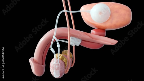 A 3D medical illustration of a male urogenital system with an implanted medical device, an artificial urinary sphincter. 