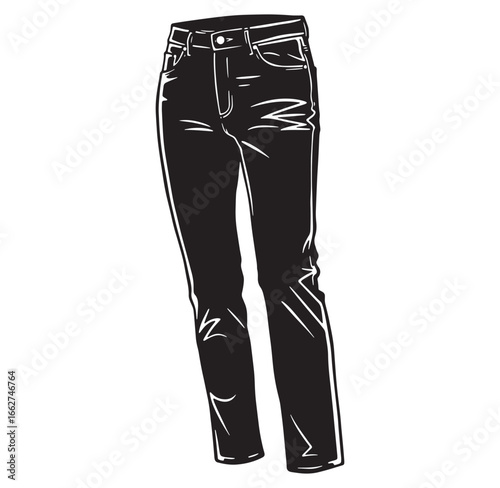 Simple black and white illustration of classic women's denim jeans clothing fashion design
