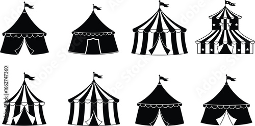 Collection of circus tent vector icons, carnival marquee silhouettes, festival pavilion clipart, fairground big top illustrations, retro vintage entertainment graphic elements set
